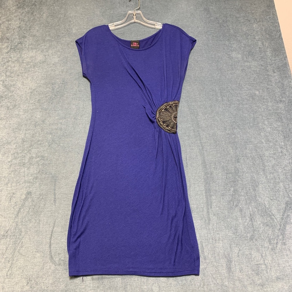 2b Bebe Bodycon Dress Women Medium Blue Medallion Beaded Embellished Ruched Side